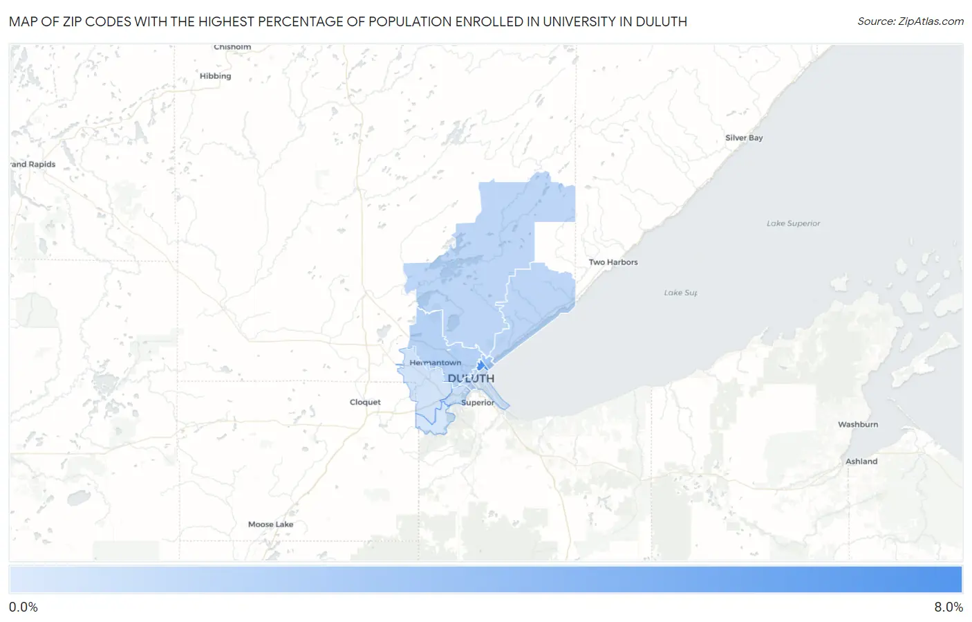 Zip Codes with the Highest Percentage of Population Enrolled in University in Duluth Map