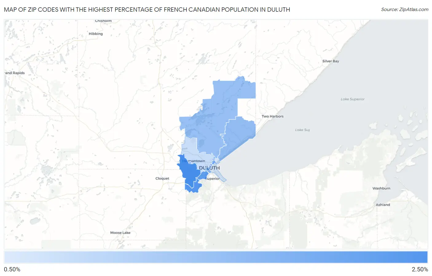 Zip Codes with the Highest Percentage of French Canadian Population in Duluth Map