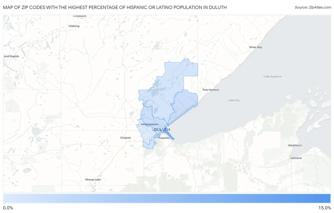 Zip Codes with the Highest Percentage of Hispanic or Latino Population in Duluth Map