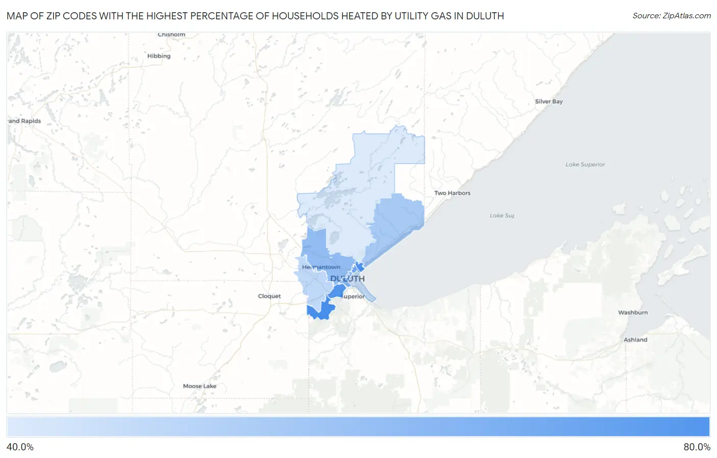 Zip Codes with the Highest Percentage of Households Heated by Utility Gas in Duluth Map