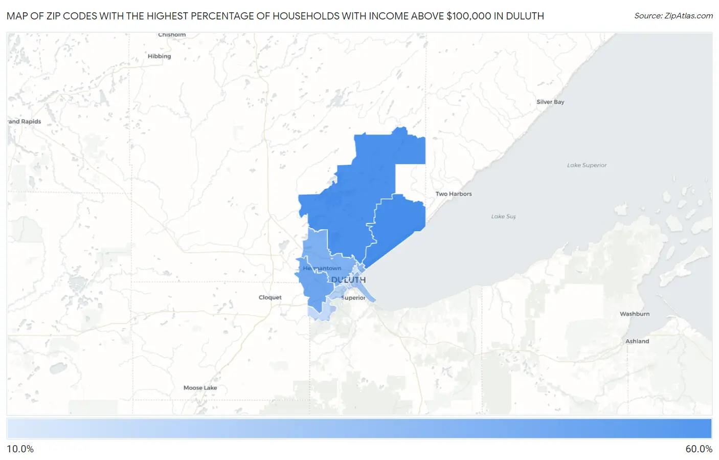 Zip Codes with the Highest Percentage of Households with Income Above $100,000 in Duluth Map