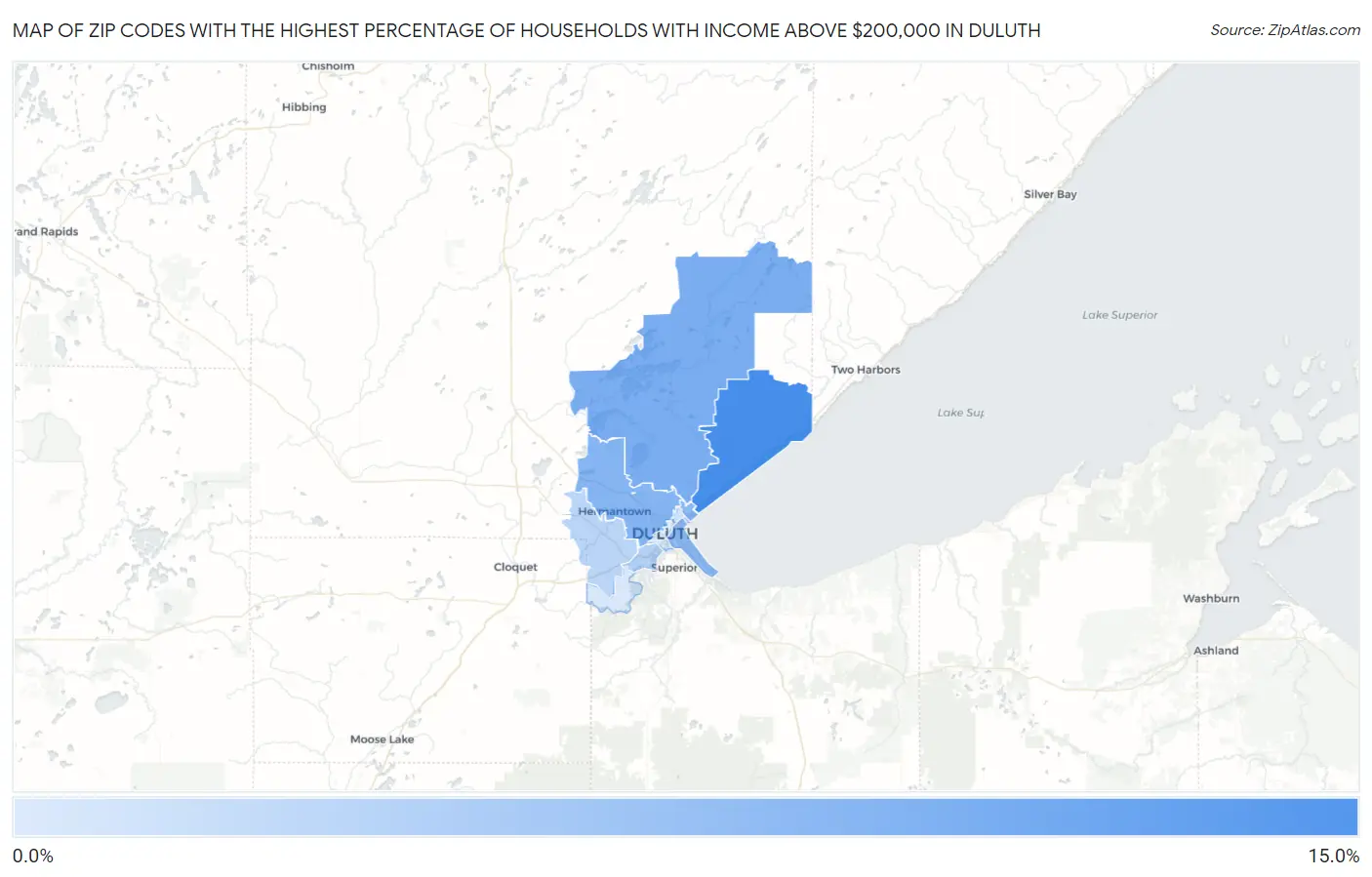 Zip Codes with the Highest Percentage of Households with Income Above $200,000 in Duluth Map
