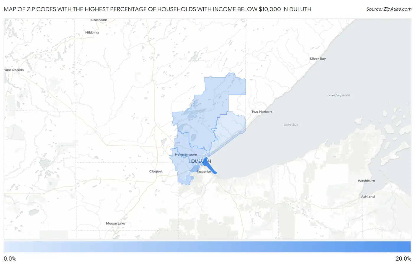 Zip Codes with the Highest Percentage of Households with Income Below $10,000 in Duluth Map