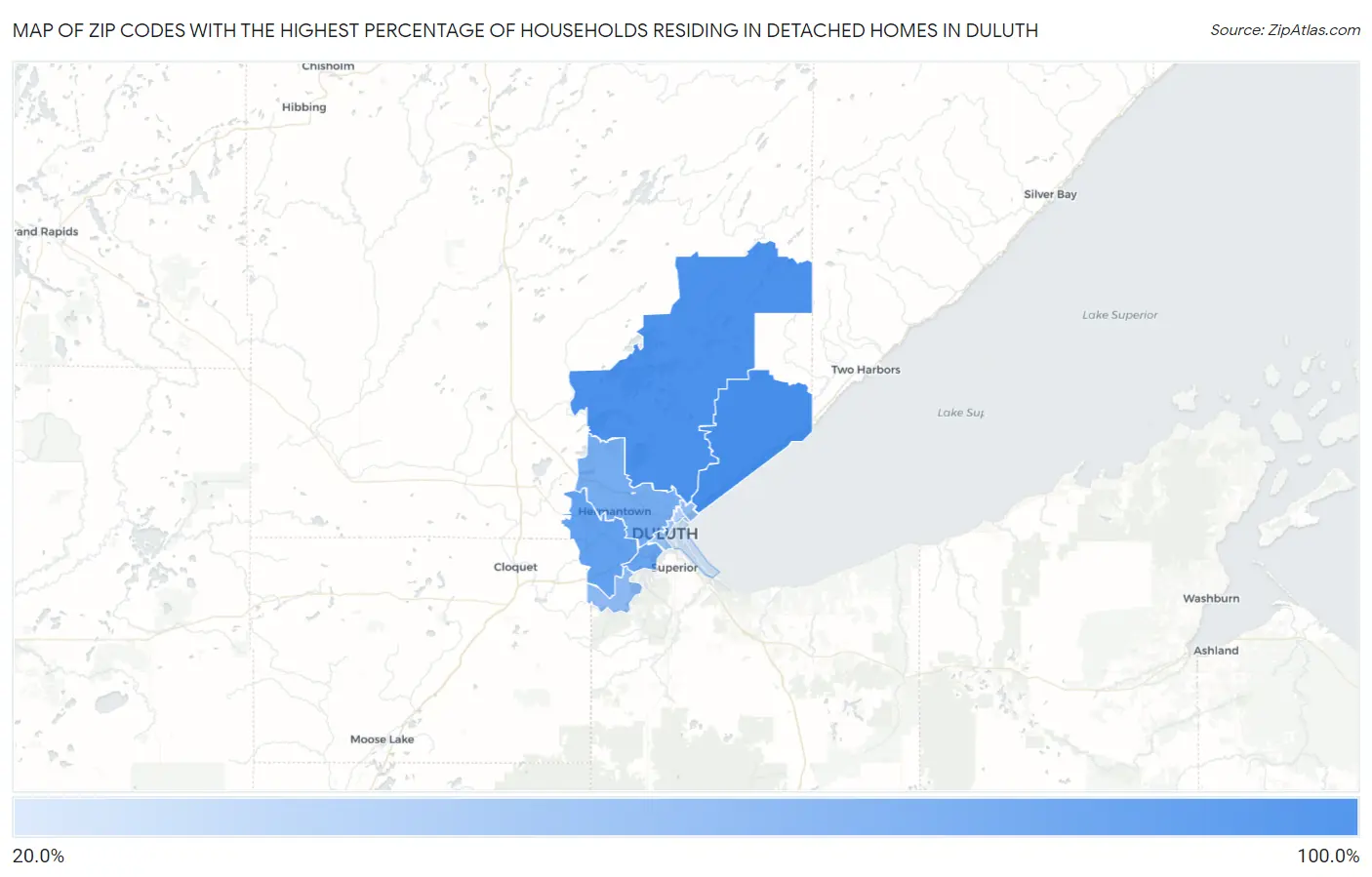 Zip Codes with the Highest Percentage of Households Residing in Detached Homes in Duluth Map