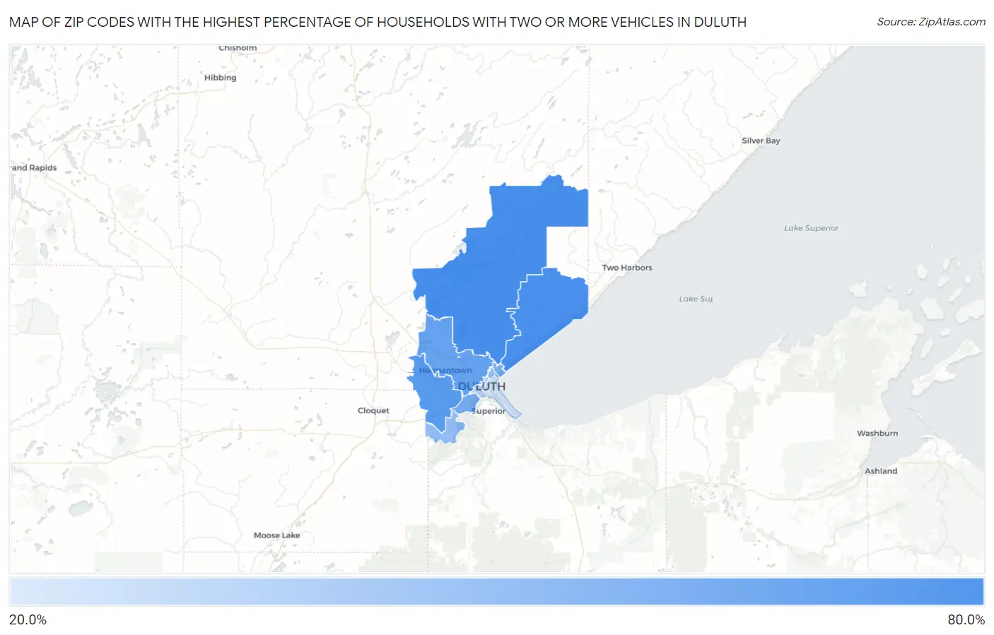 Zip Codes with the Highest Percentage of Households With Two or more Vehicles in Duluth Map