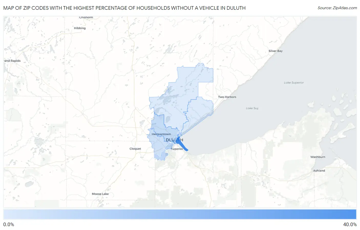 Zip Codes with the Highest Percentage of Households Without a Vehicle in Duluth Map