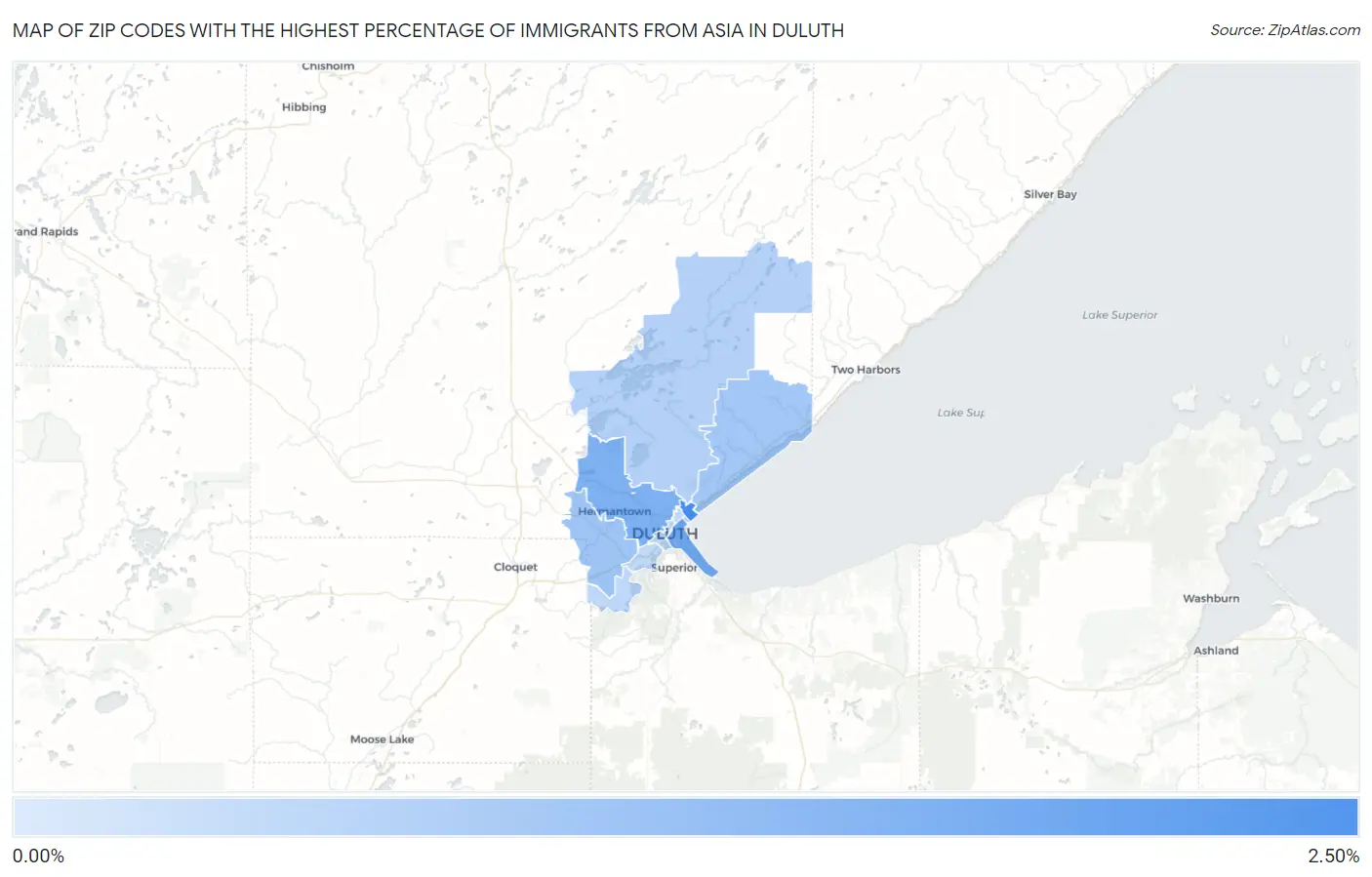 Zip Codes with the Highest Percentage of Immigrants from Asia in Duluth Map