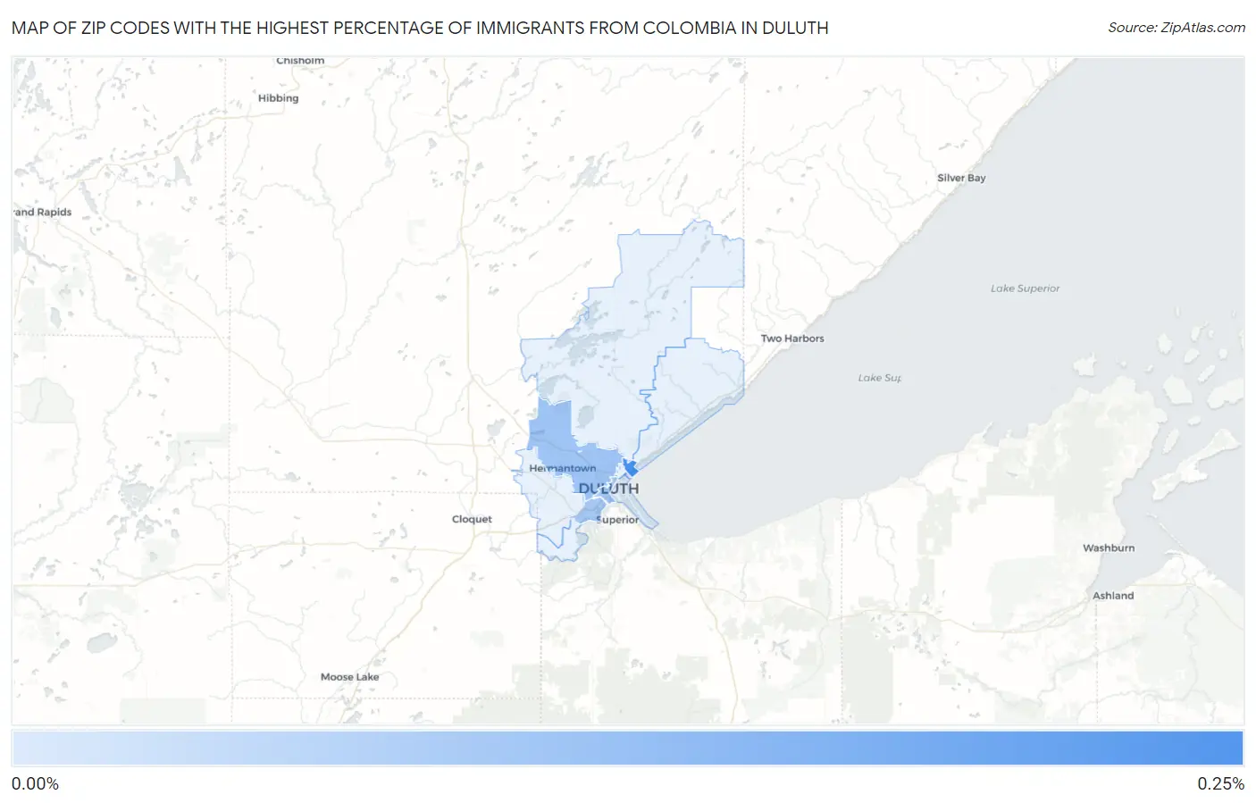 Zip Codes with the Highest Percentage of Immigrants from Colombia in Duluth Map
