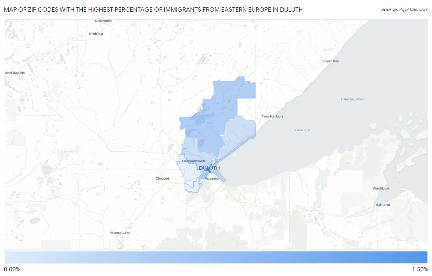 Zip Codes with the Highest Percentage of Immigrants from Eastern Europe in Duluth Map