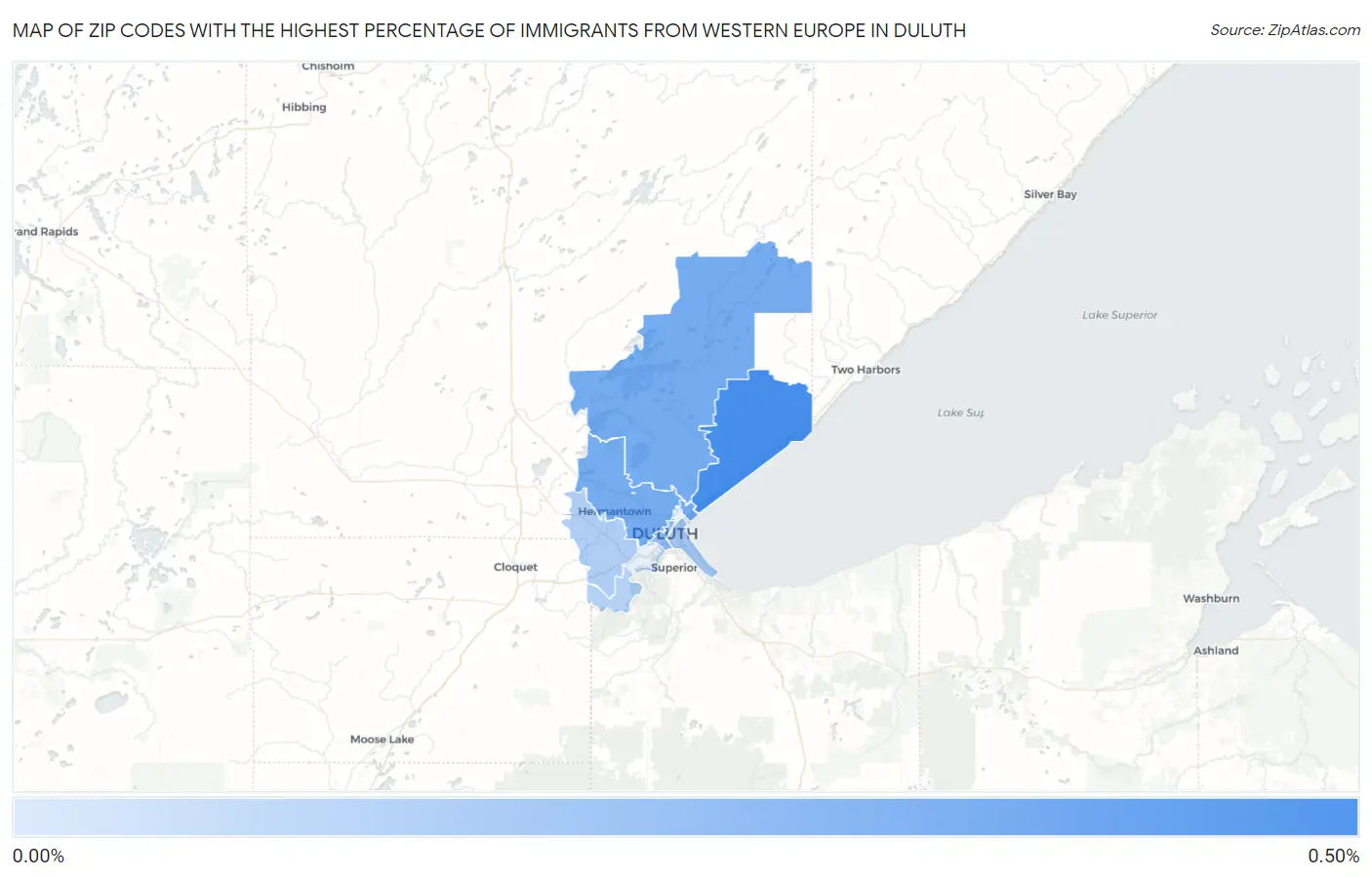 Zip Codes with the Highest Percentage of Immigrants from Western Europe in Duluth Map