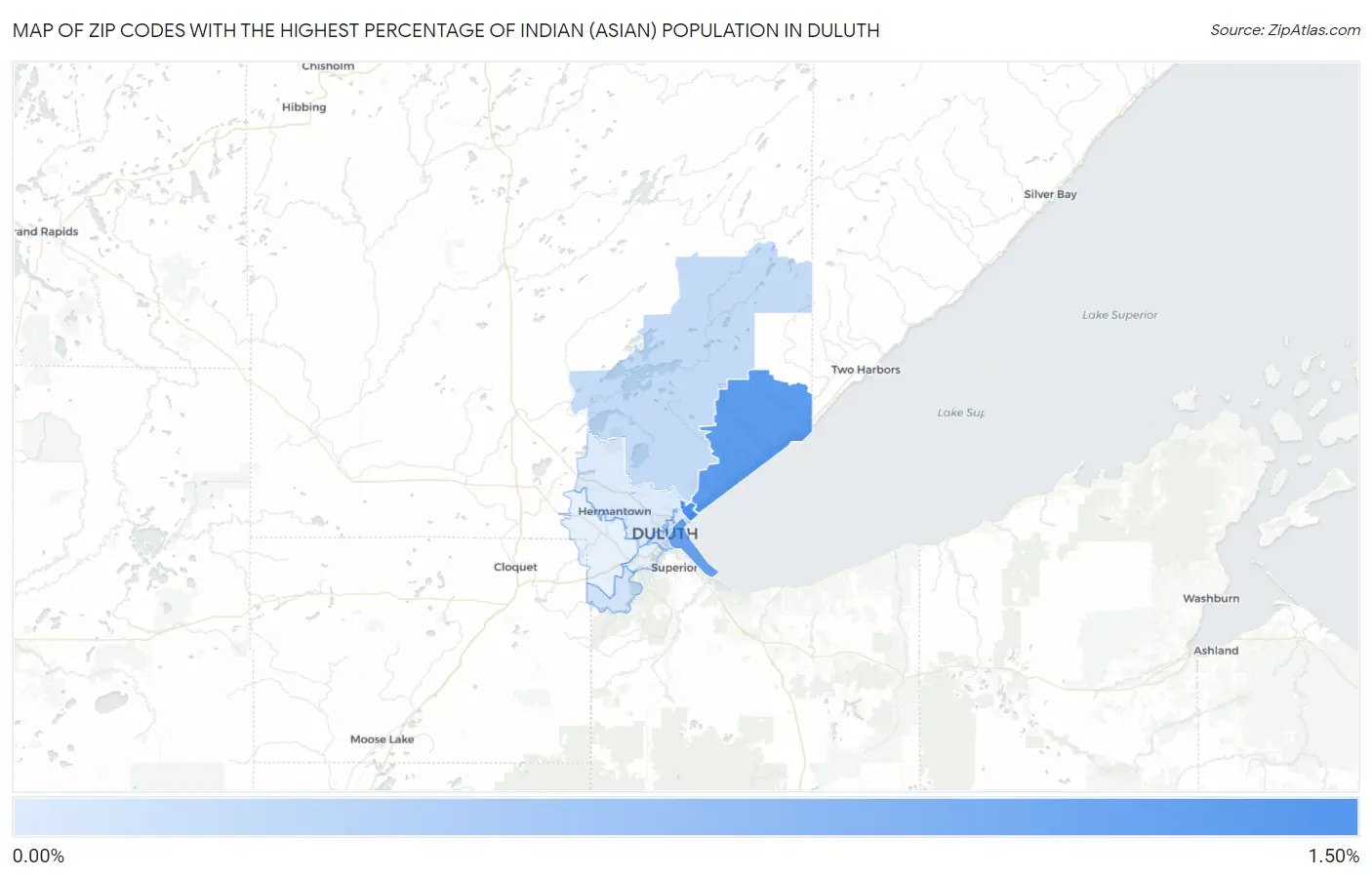 Zip Codes with the Highest Percentage of Indian (Asian) Population in Duluth Map