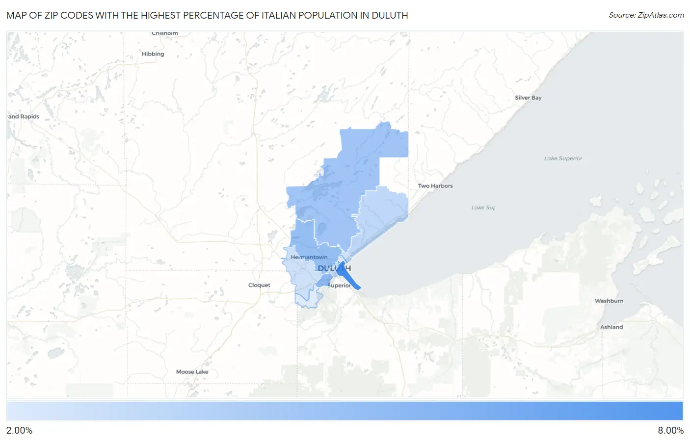 Zip Codes with the Highest Percentage of Italian Population in Duluth Map