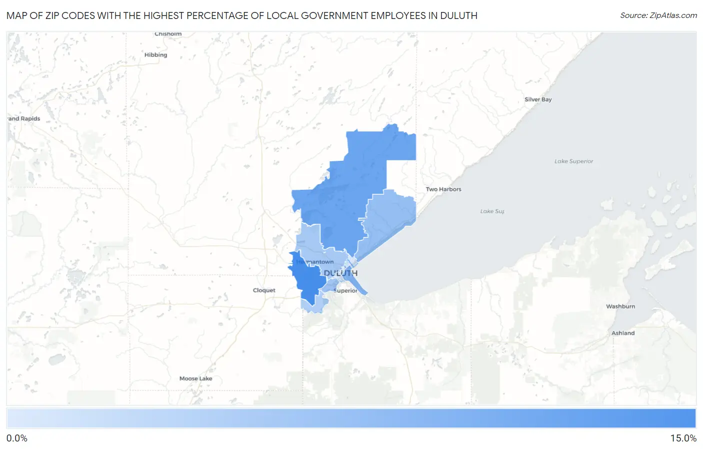 Zip Codes with the Highest Percentage of Local Government Employees in Duluth Map