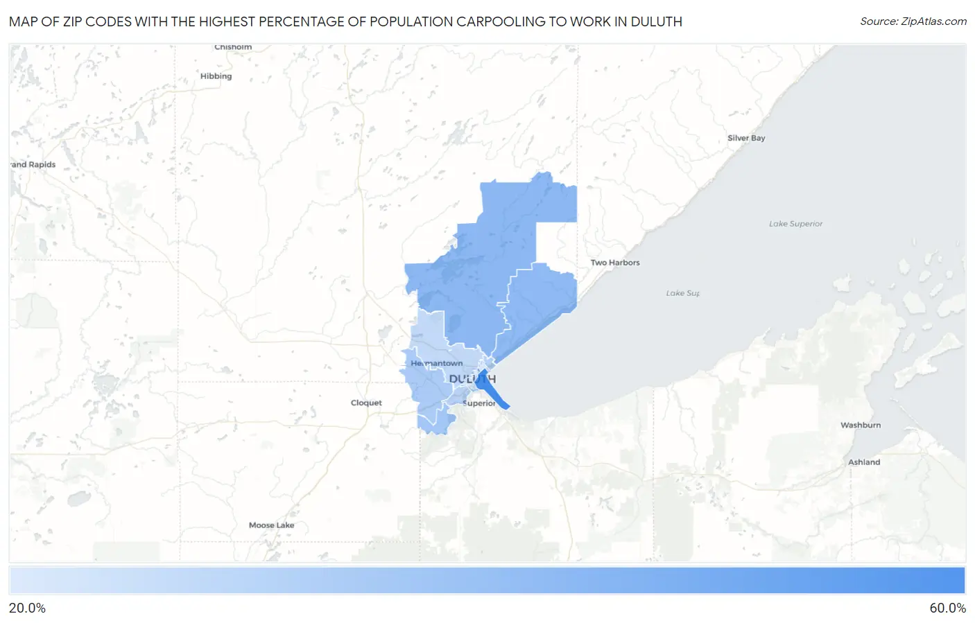 Zip Codes with the Highest Percentage of Population Carpooling to Work in Duluth Map