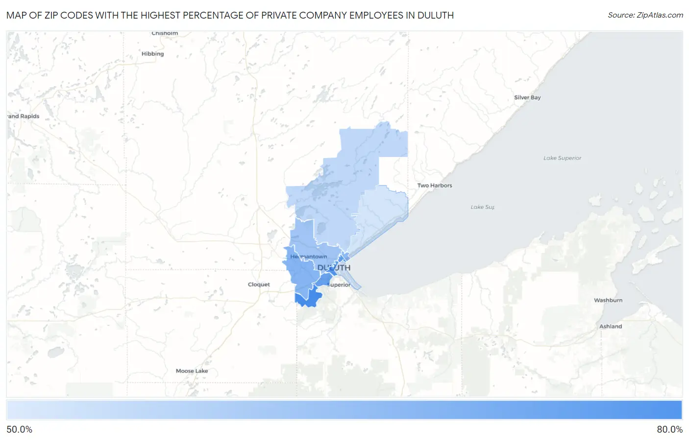 Zip Codes with the Highest Percentage of Private Company Employees in Duluth Map