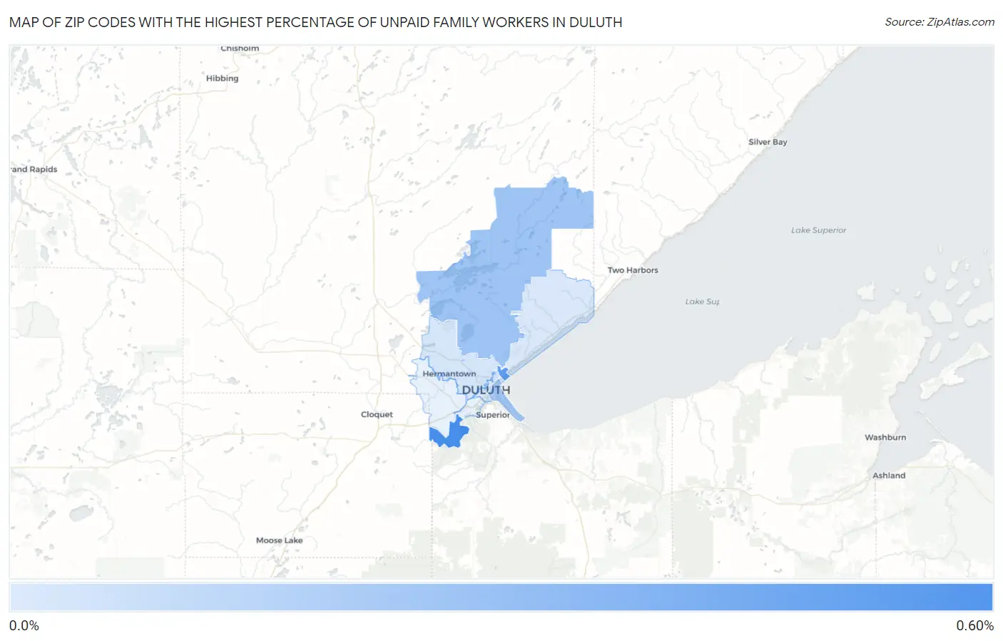 Zip Codes with the Highest Percentage of Unpaid Family Workers in Duluth Map