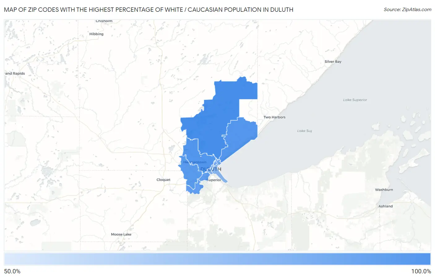 Zip Codes with the Highest Percentage of White / Caucasian Population in Duluth Map