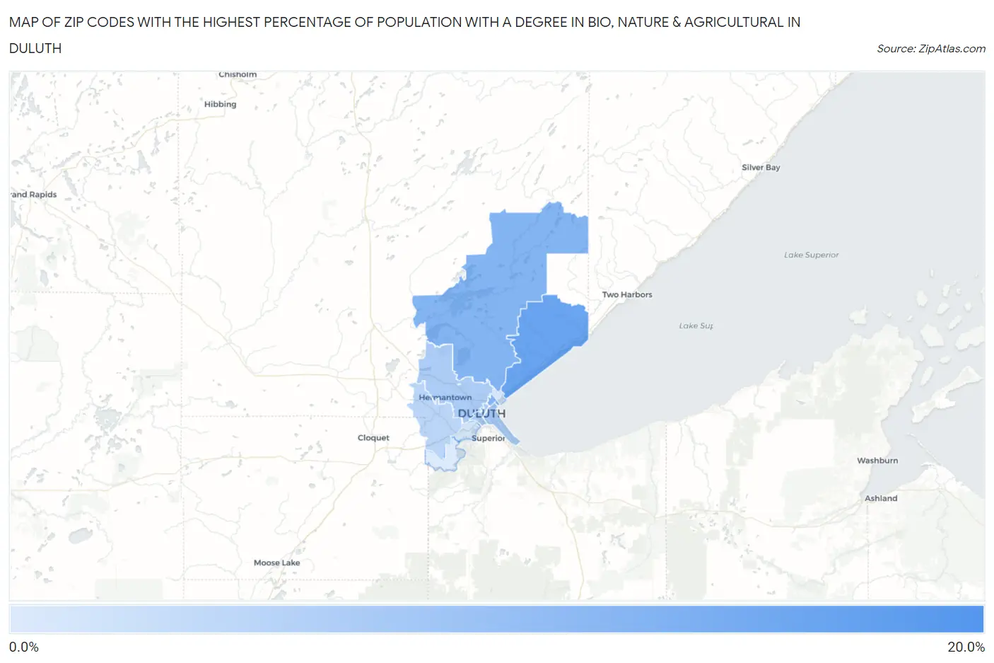 Zip Codes with the Highest Percentage of Population with a Degree in Bio, Nature & Agricultural in Duluth Map