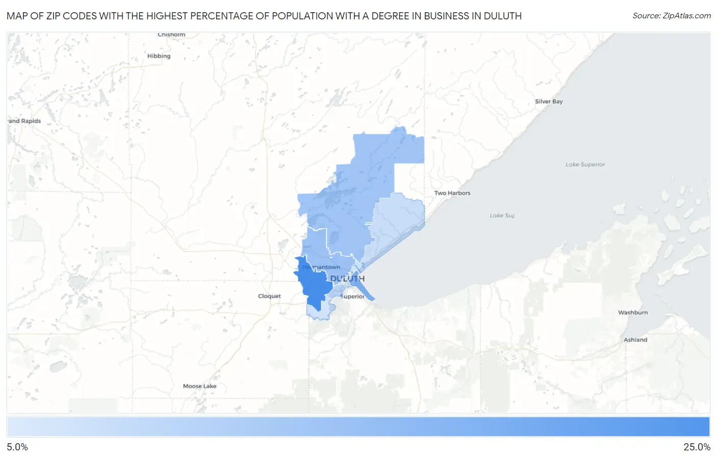 Zip Codes with the Highest Percentage of Population with a Degree in Business in Duluth Map