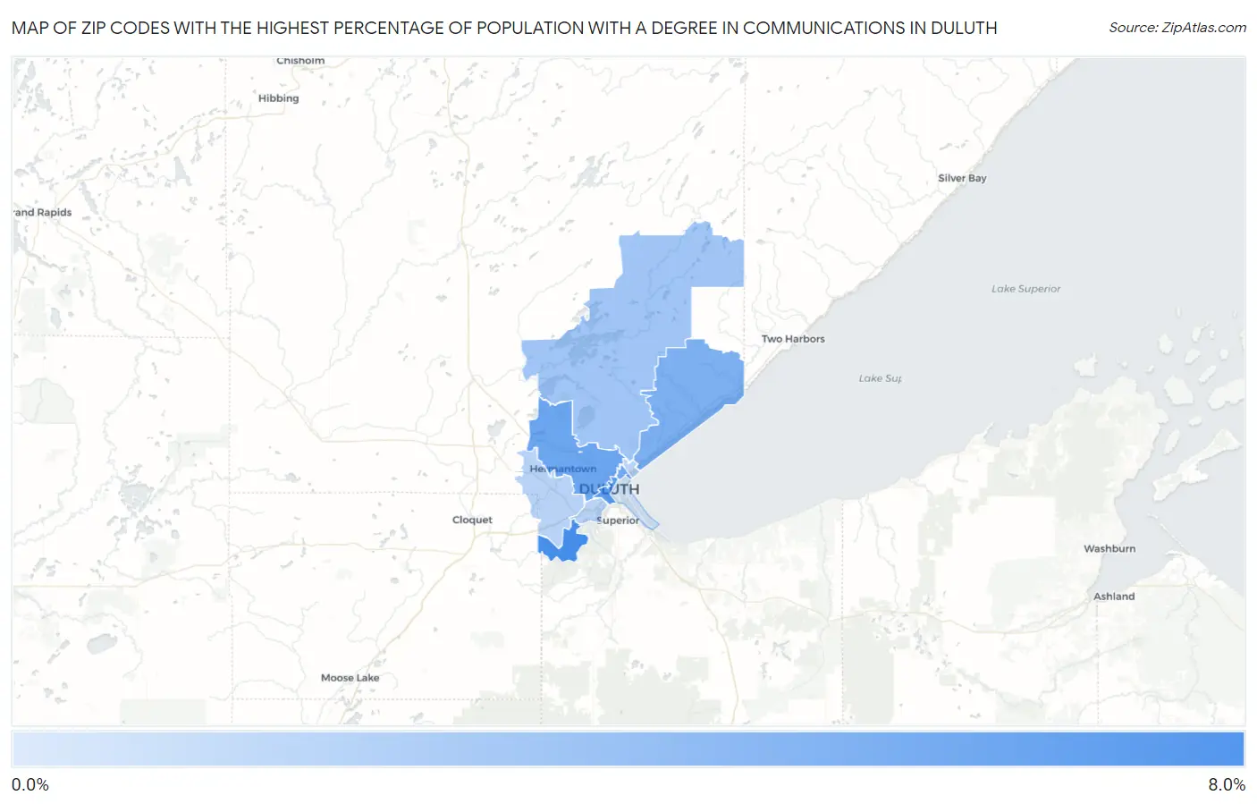 Zip Codes with the Highest Percentage of Population with a Degree in Communications in Duluth Map