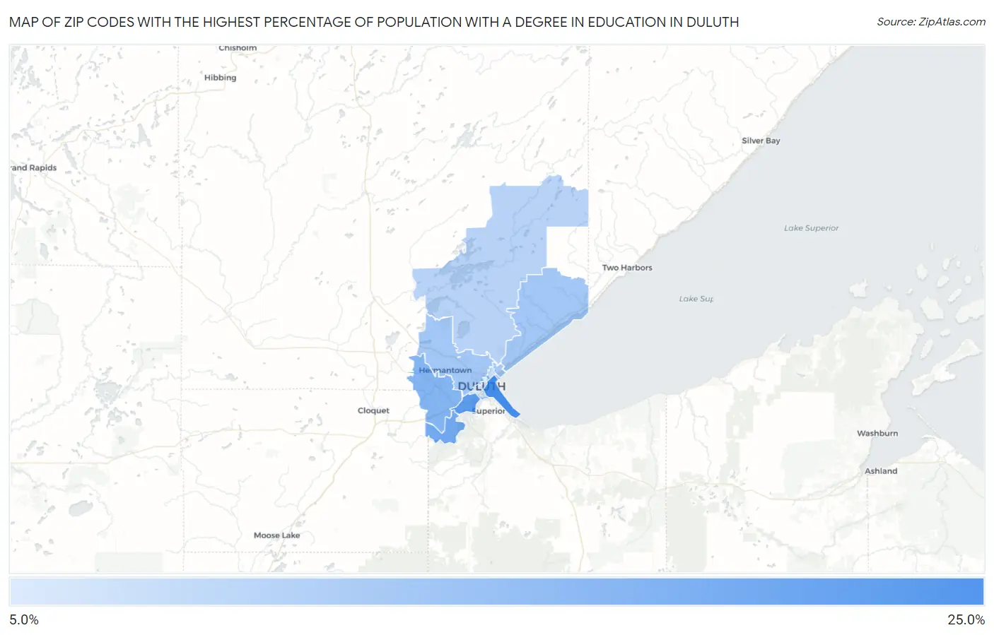 Zip Codes with the Highest Percentage of Population with a Degree in Education in Duluth Map