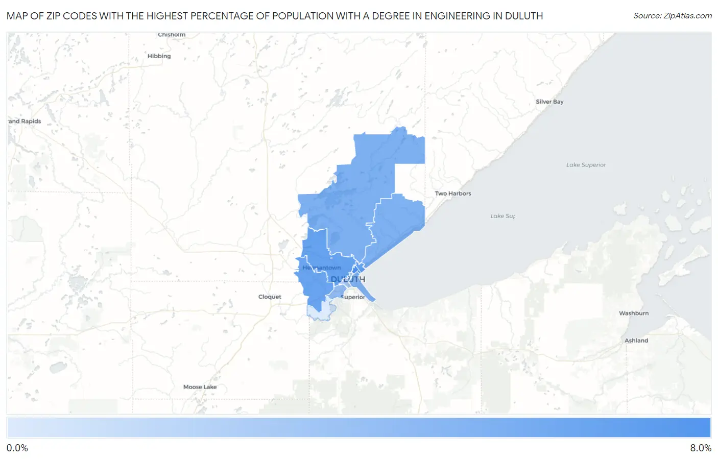 Zip Codes with the Highest Percentage of Population with a Degree in Engineering in Duluth Map