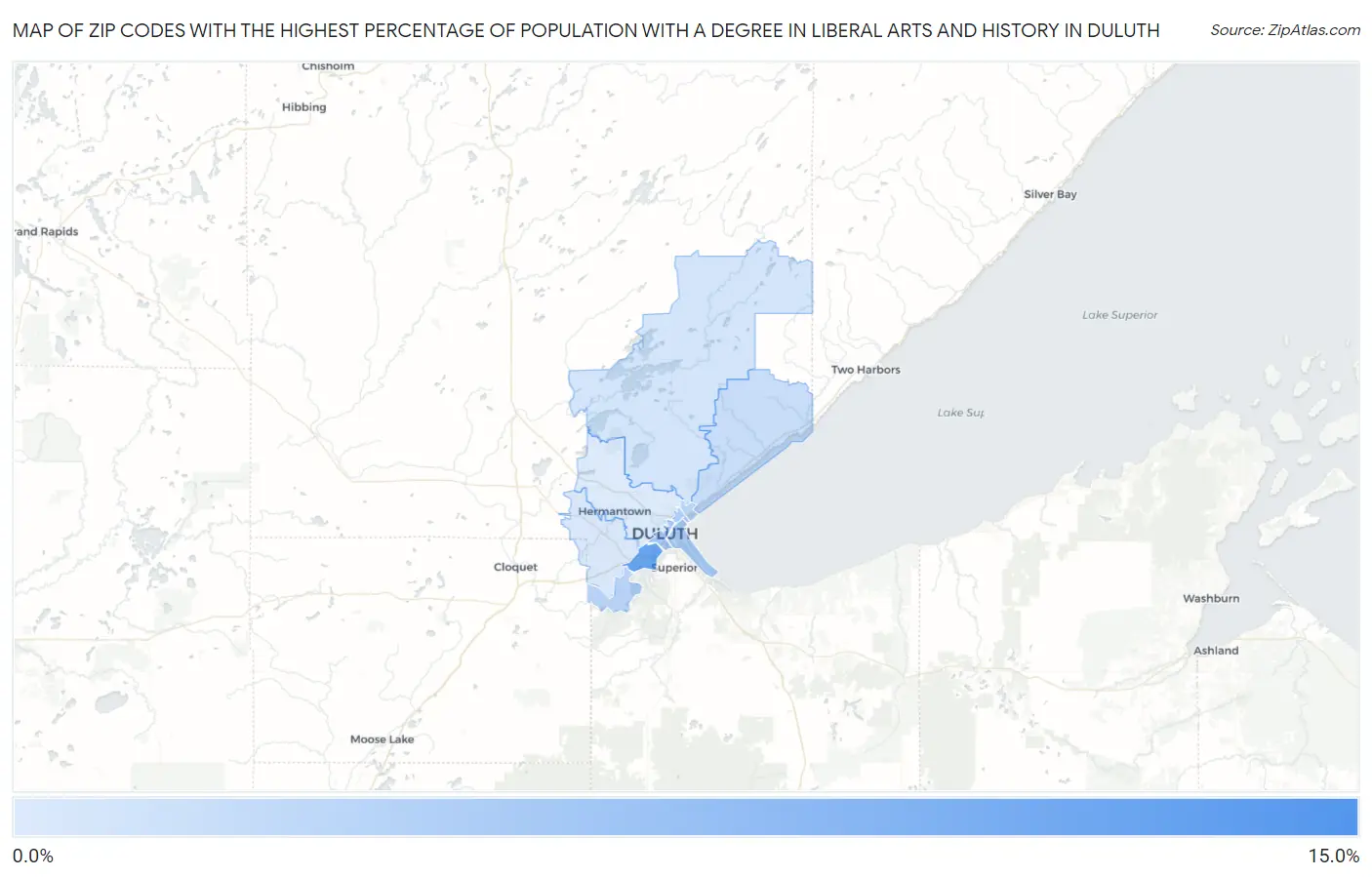 Zip Codes with the Highest Percentage of Population with a Degree in Liberal Arts and History in Duluth Map