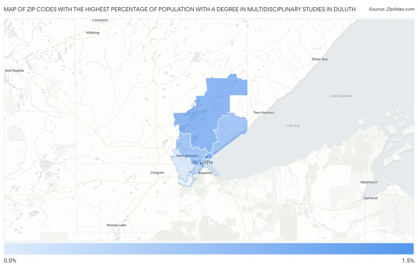 Zip Codes with the Highest Percentage of Population with a Degree in Multidisciplinary Studies in Duluth Map