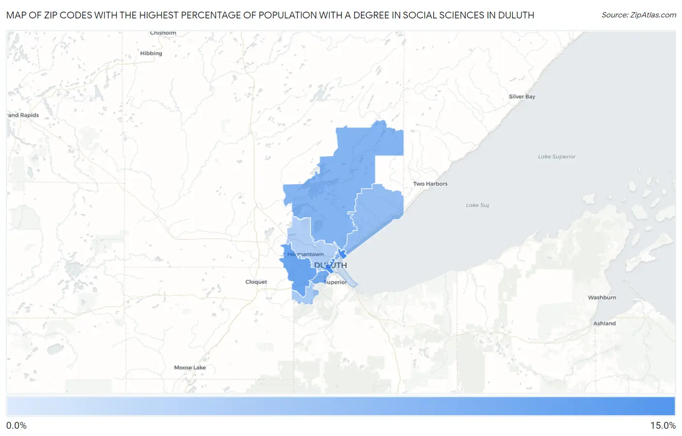 Zip Codes with the Highest Percentage of Population with a Degree in Social Sciences in Duluth Map