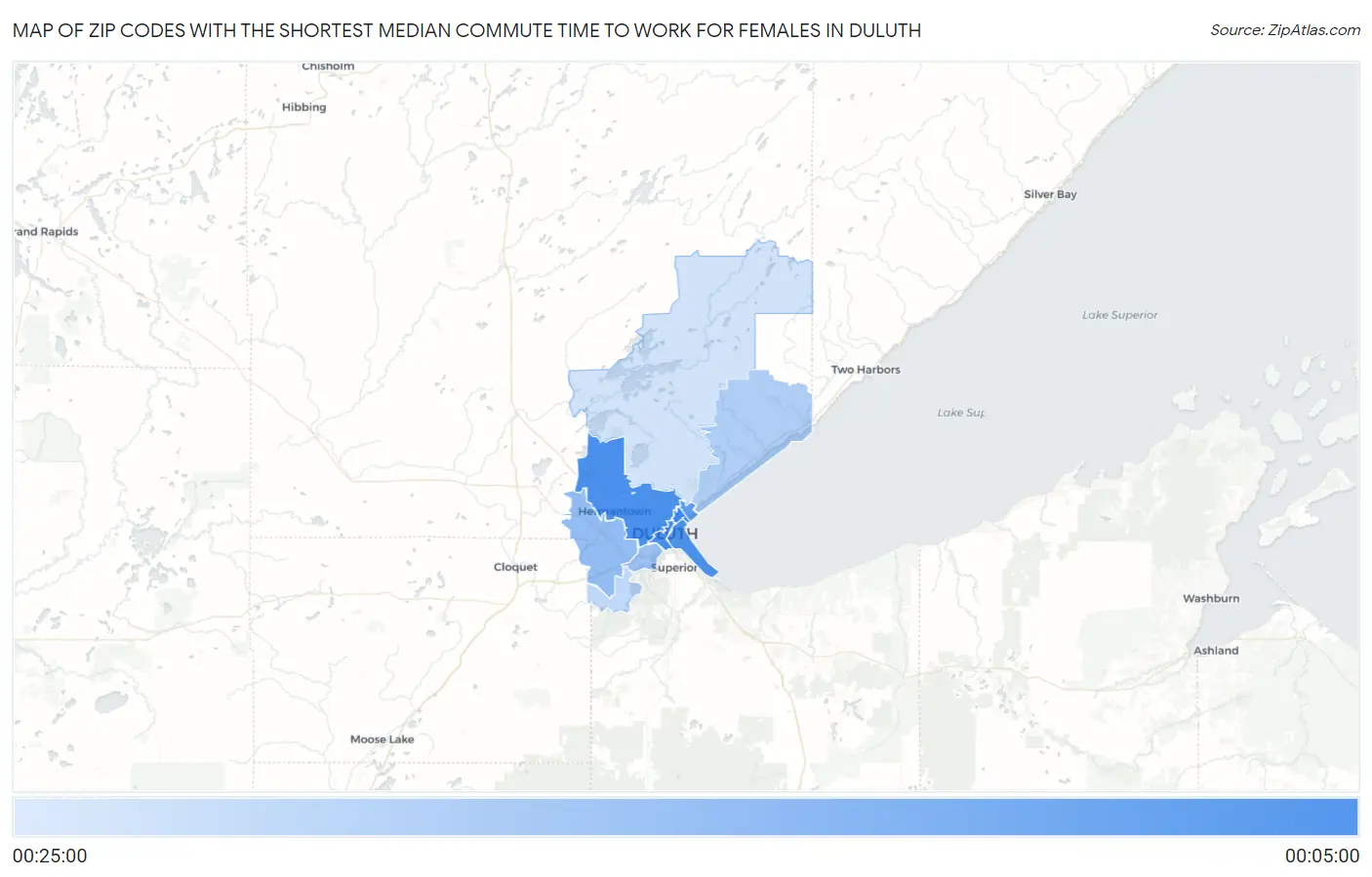 Zip Codes with the Shortest Median Commute Time to Work for Females in Duluth Map