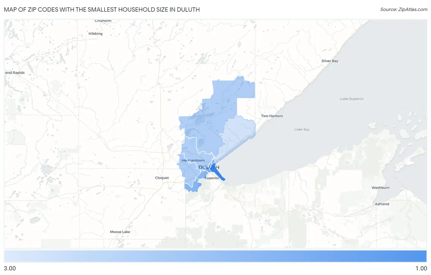 Zip Codes with the Smallest Household Size in Duluth Map