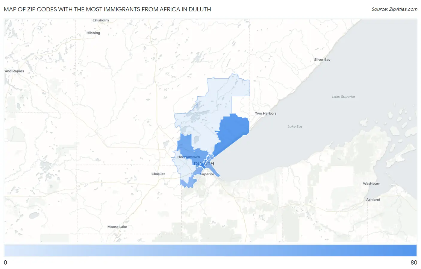 Zip Codes with the Most Immigrants from Africa in Duluth Map