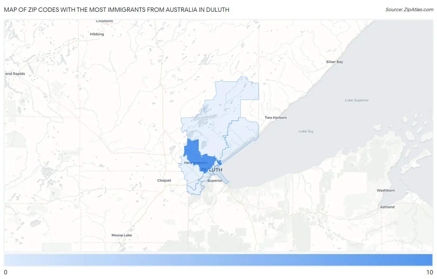 Zip Codes with the Most Immigrants from Australia in Duluth Map