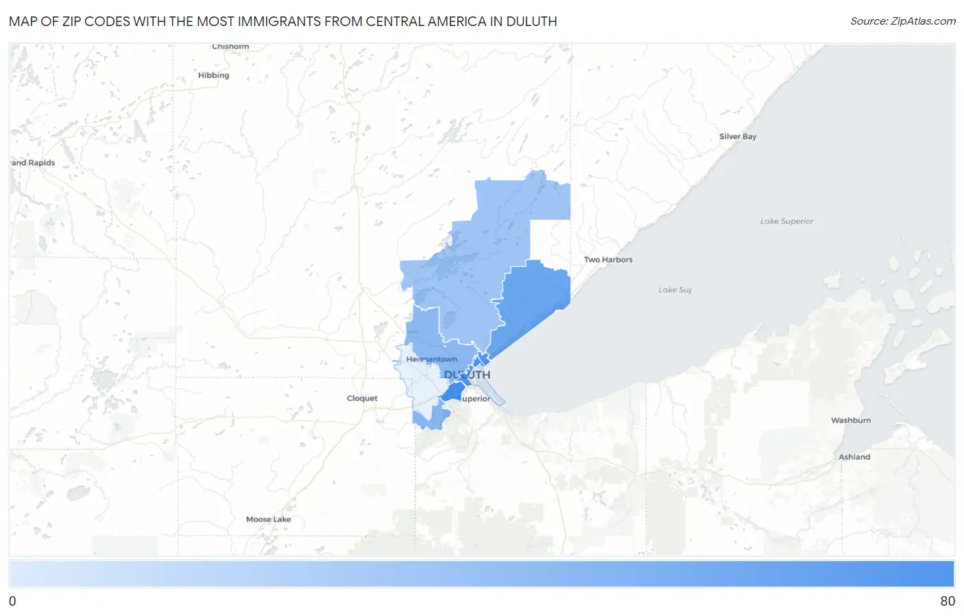 Zip Codes with the Most Immigrants from Central America in Duluth Map