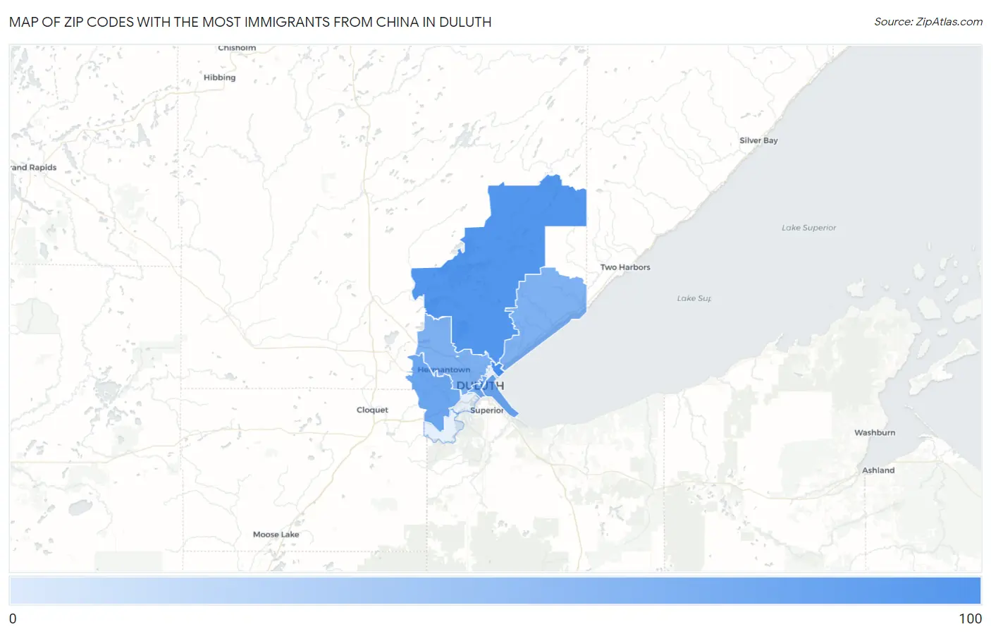 Zip Codes with the Most Immigrants from China in Duluth Map