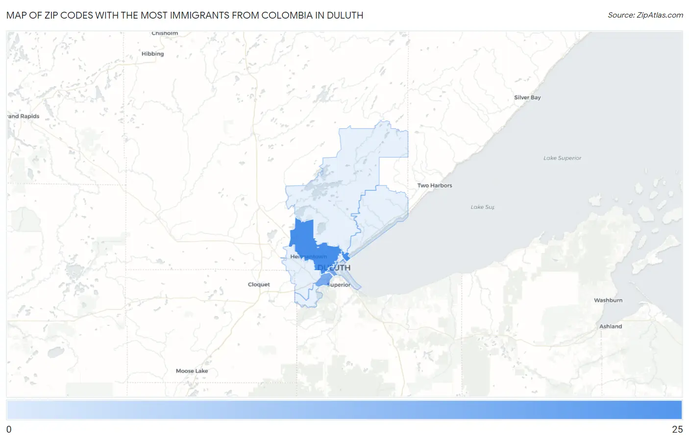Zip Codes with the Most Immigrants from Colombia in Duluth Map