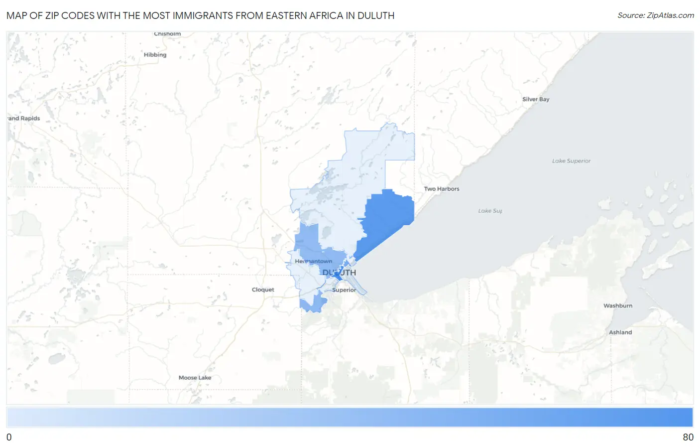 Zip Codes with the Most Immigrants from Eastern Africa in Duluth Map