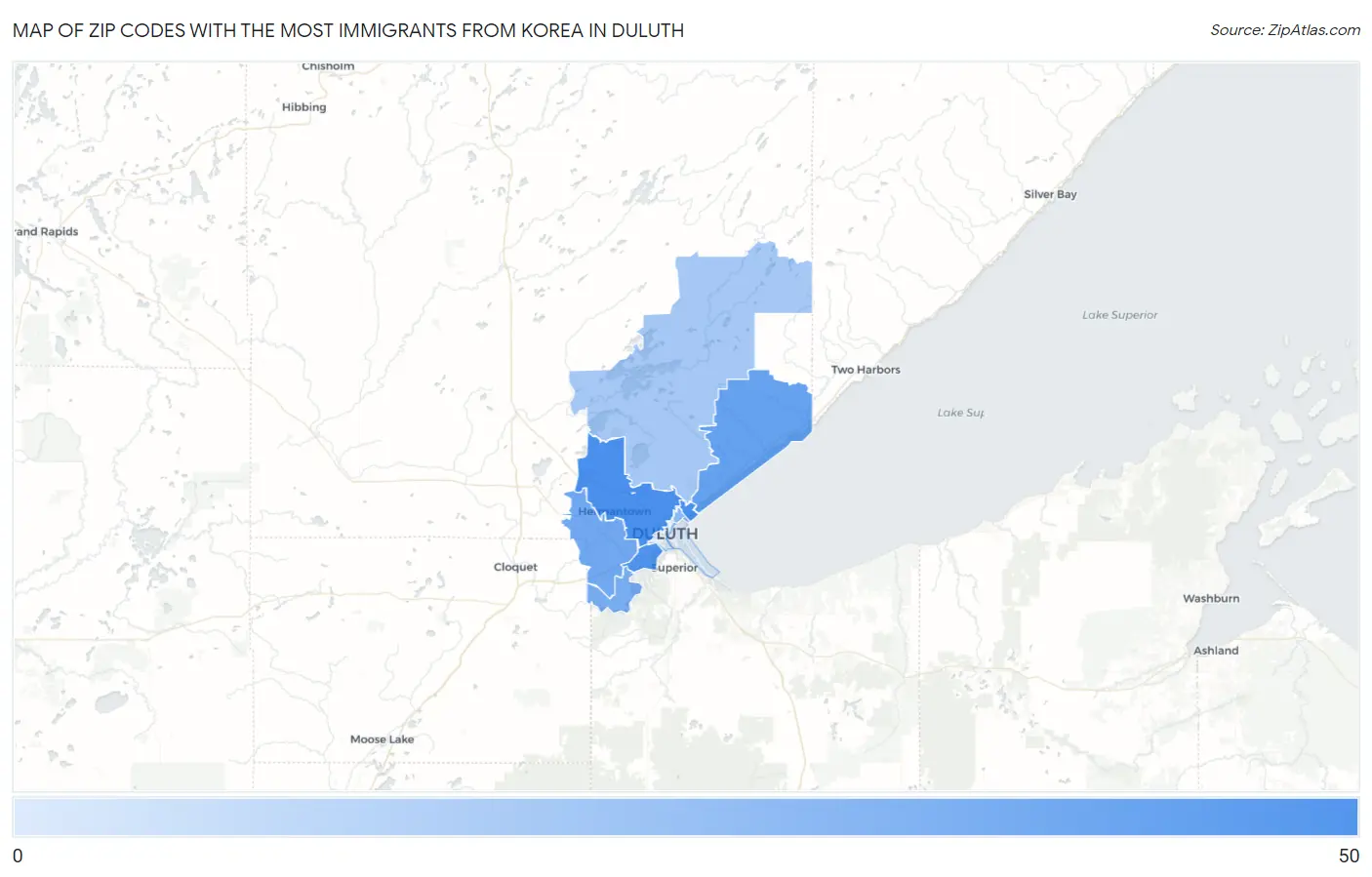 Zip Codes with the Most Immigrants from Korea in Duluth Map