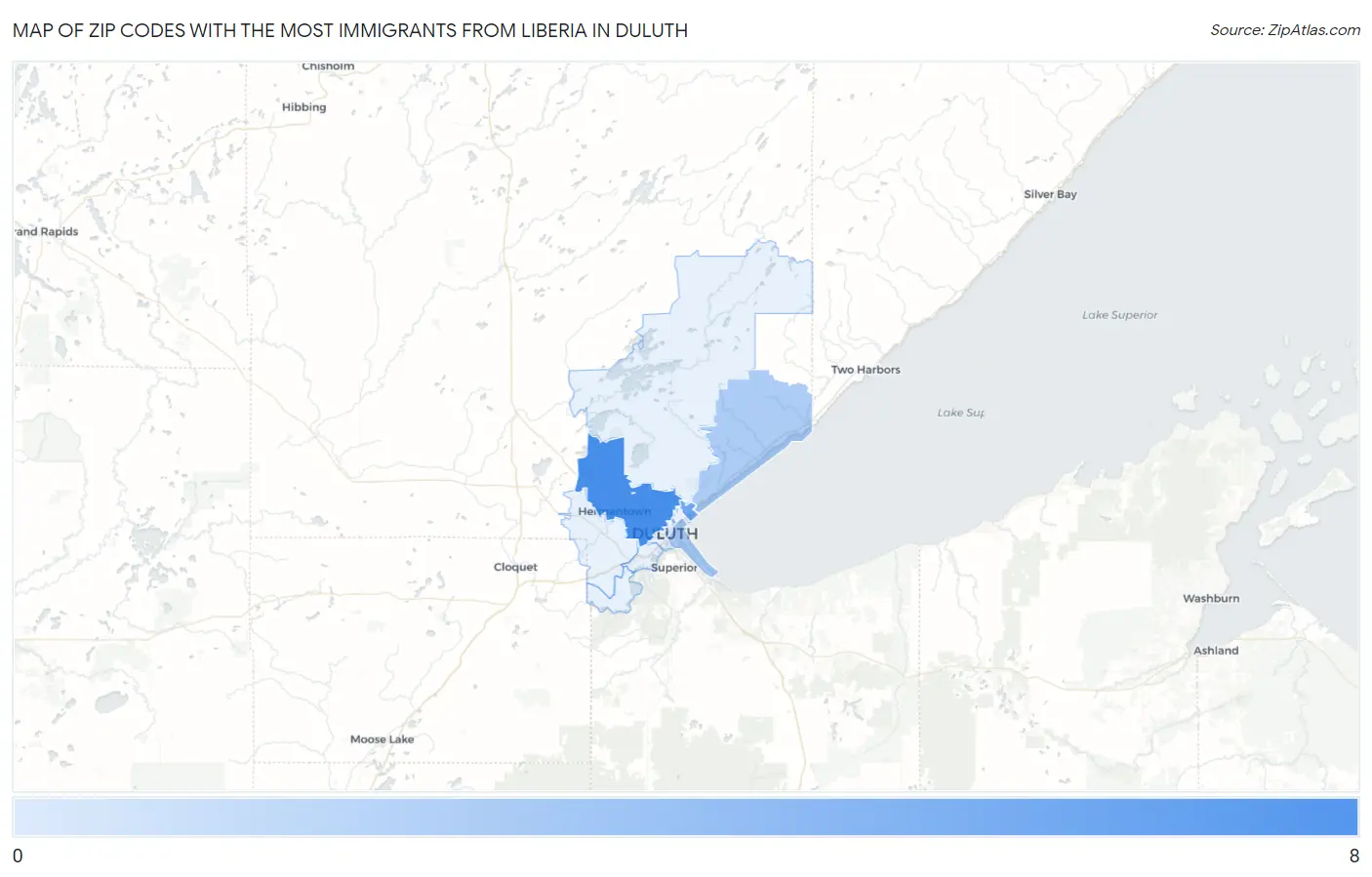 Zip Codes with the Most Immigrants from Liberia in Duluth Map