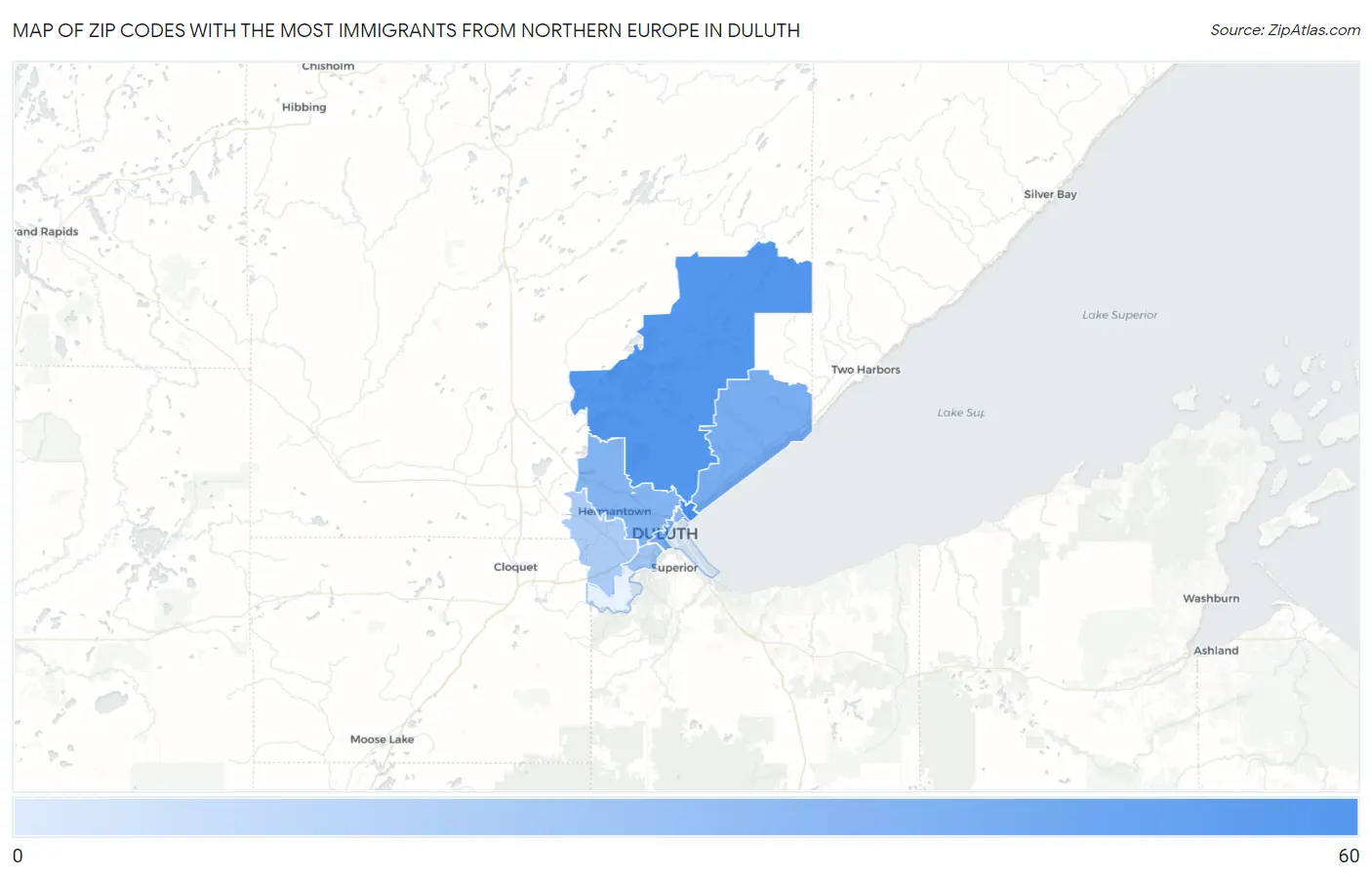 Zip Codes with the Most Immigrants from Northern Europe in Duluth Map