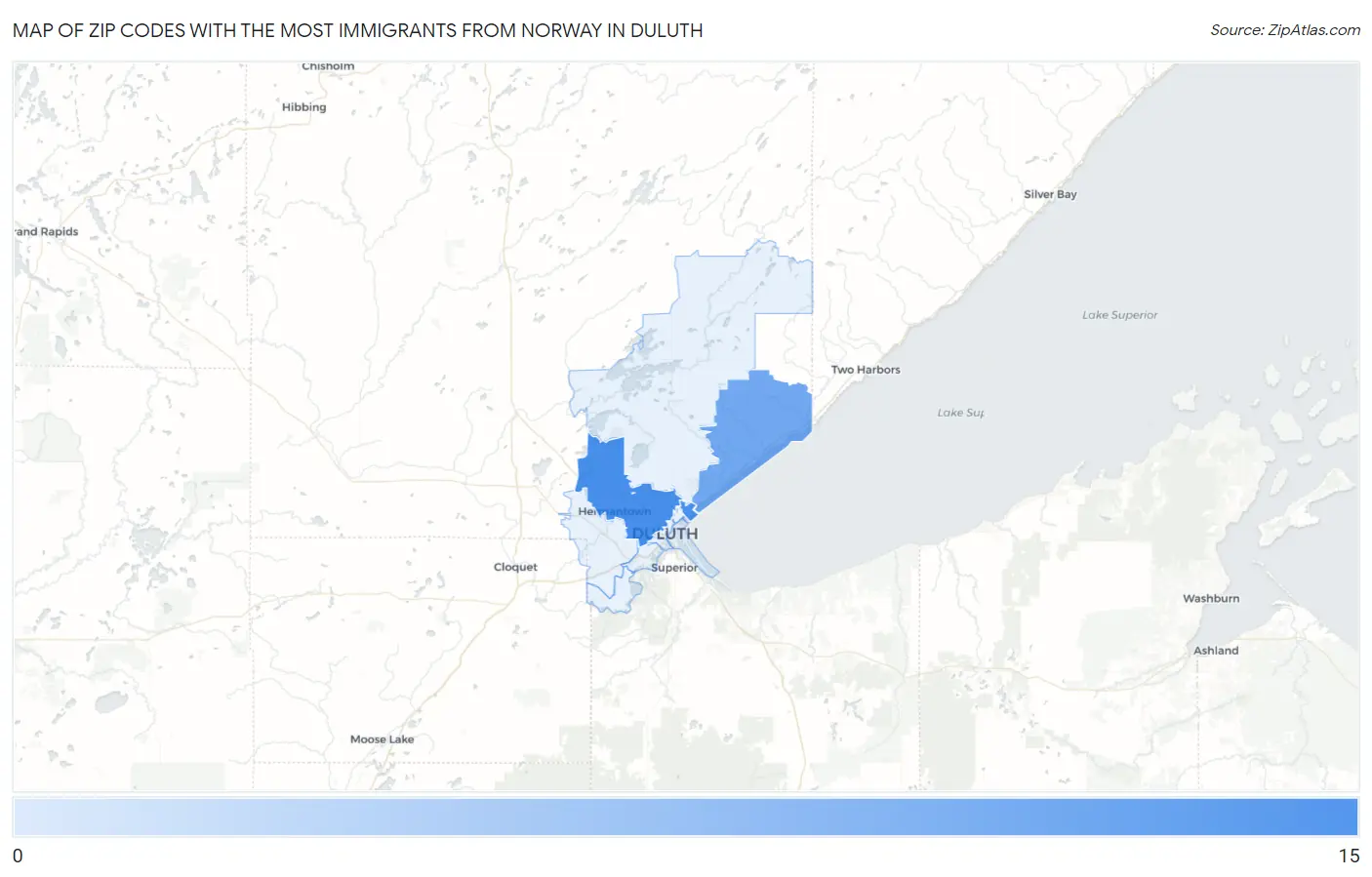 Zip Codes with the Most Immigrants from Norway in Duluth Map