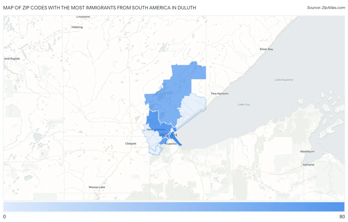 Zip Codes with the Most Immigrants from South America in Duluth Map