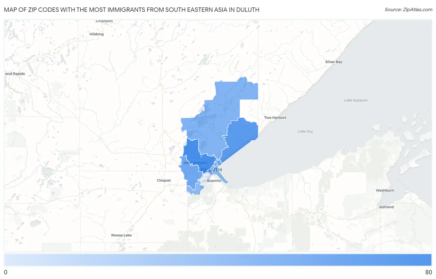 Zip Codes with the Most Immigrants from South Eastern Asia in Duluth Map
