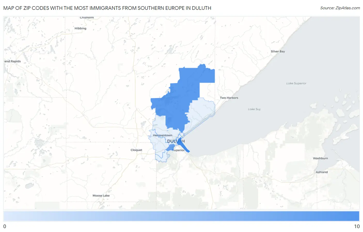 Zip Codes with the Most Immigrants from Southern Europe in Duluth Map