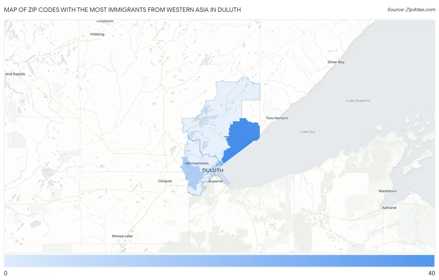 Zip Codes with the Most Immigrants from Western Asia in Duluth Map