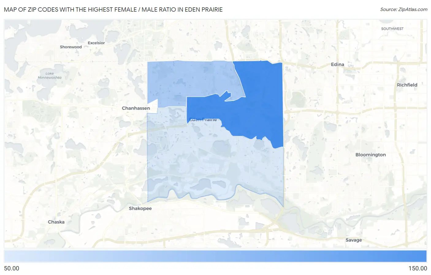 Zip Codes with the Highest Female / Male Ratio in Eden Prairie Map
