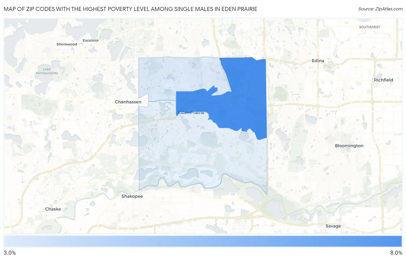 Zip Codes with the Highest Poverty Level Among Single Males in Eden Prairie Map
