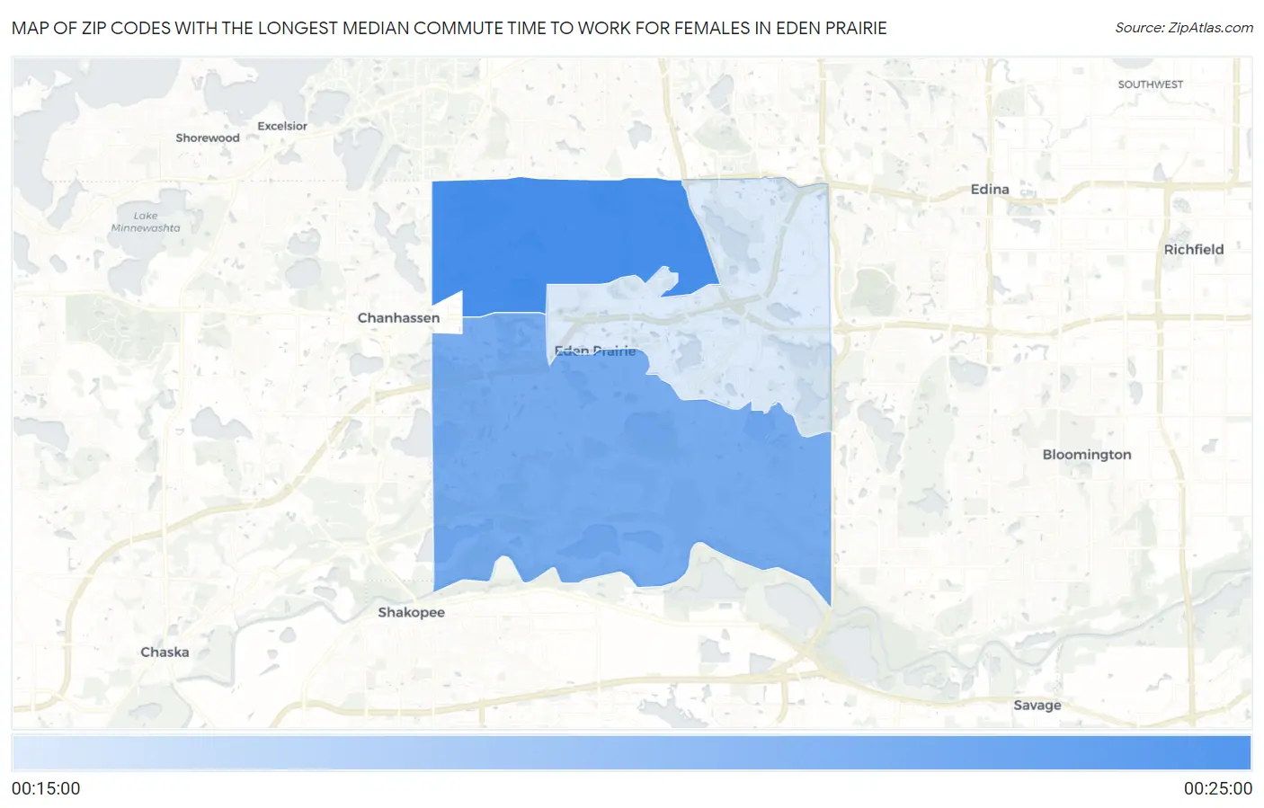 Zip Codes with the Longest Median Commute Time to Work for Females in Eden Prairie Map