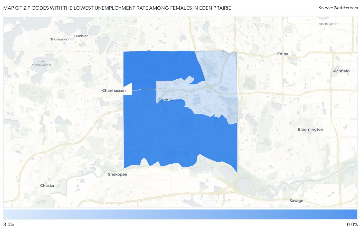 Zip Codes with the Lowest Unemployment Rate Among Females in Eden Prairie Map