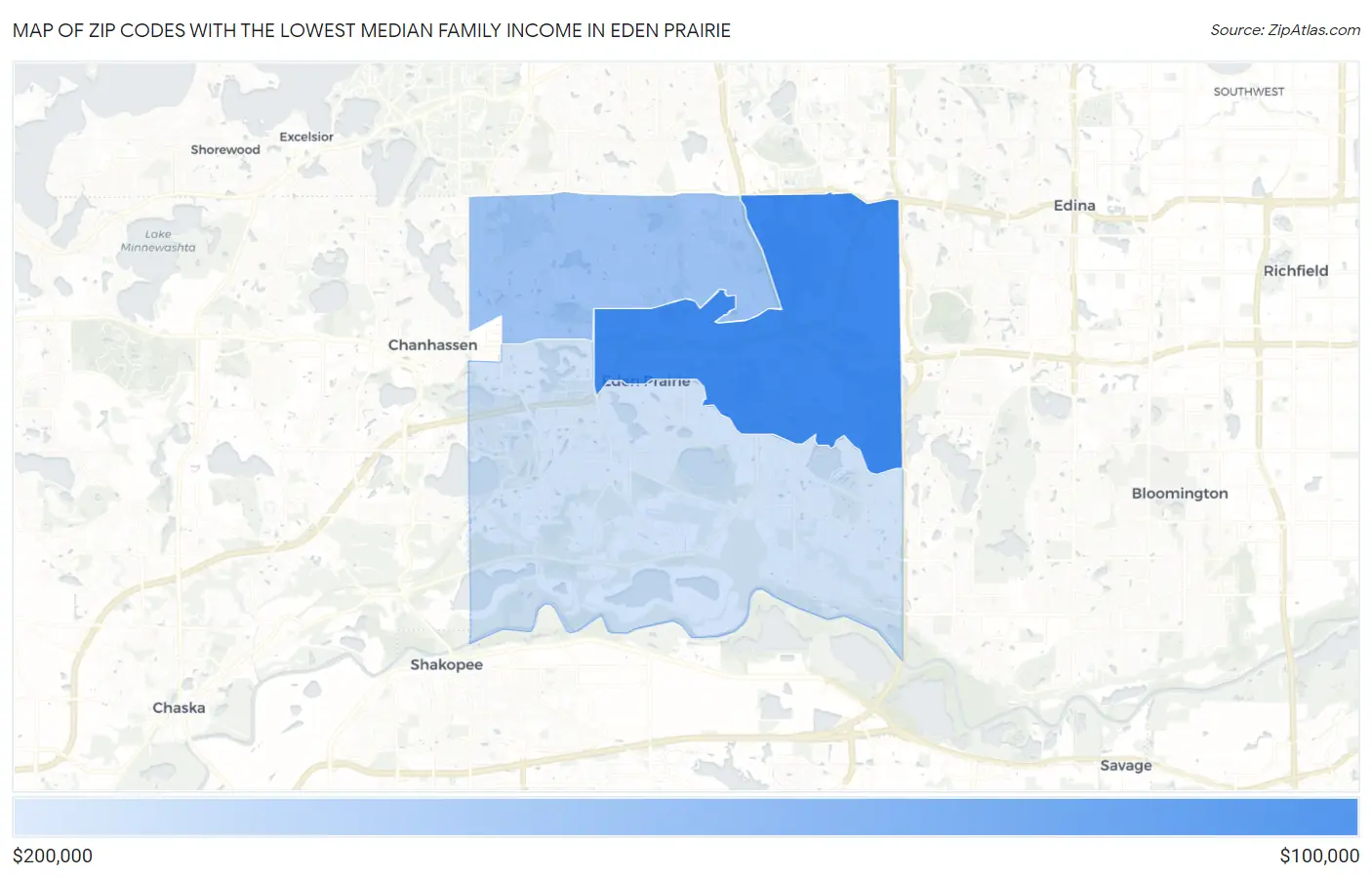 Zip Codes with the Lowest Median Family Income in Eden Prairie Map